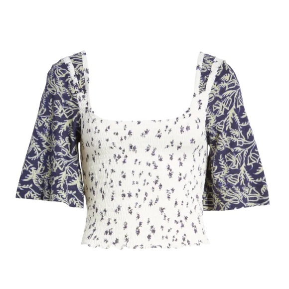 Free People Marigold Mix Print Smocked Top Navy Combo size S - Picture 4 of 6